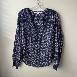Veronica Beard Floral Navy Blue Blouse with Lace Details